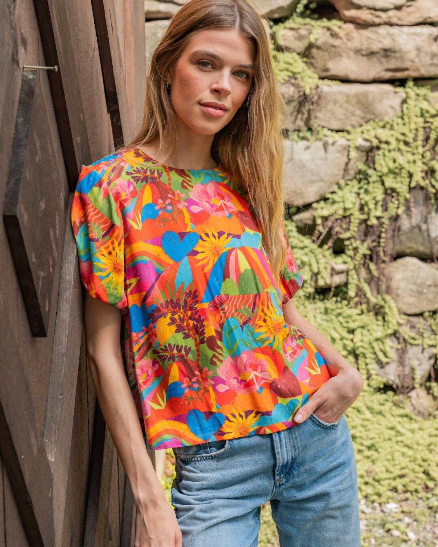 BRITON COURT Kylie Short Puff Sleeves Top in sugar coral - women's blouse - alternate view