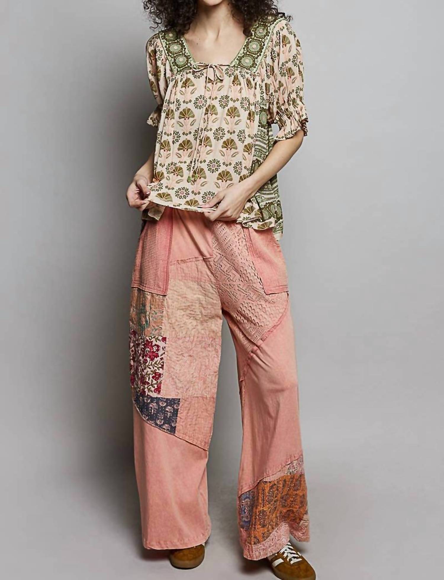 POL Feminine Beads Trim Accent Woven Top in sand multi - women's blouse - view 5