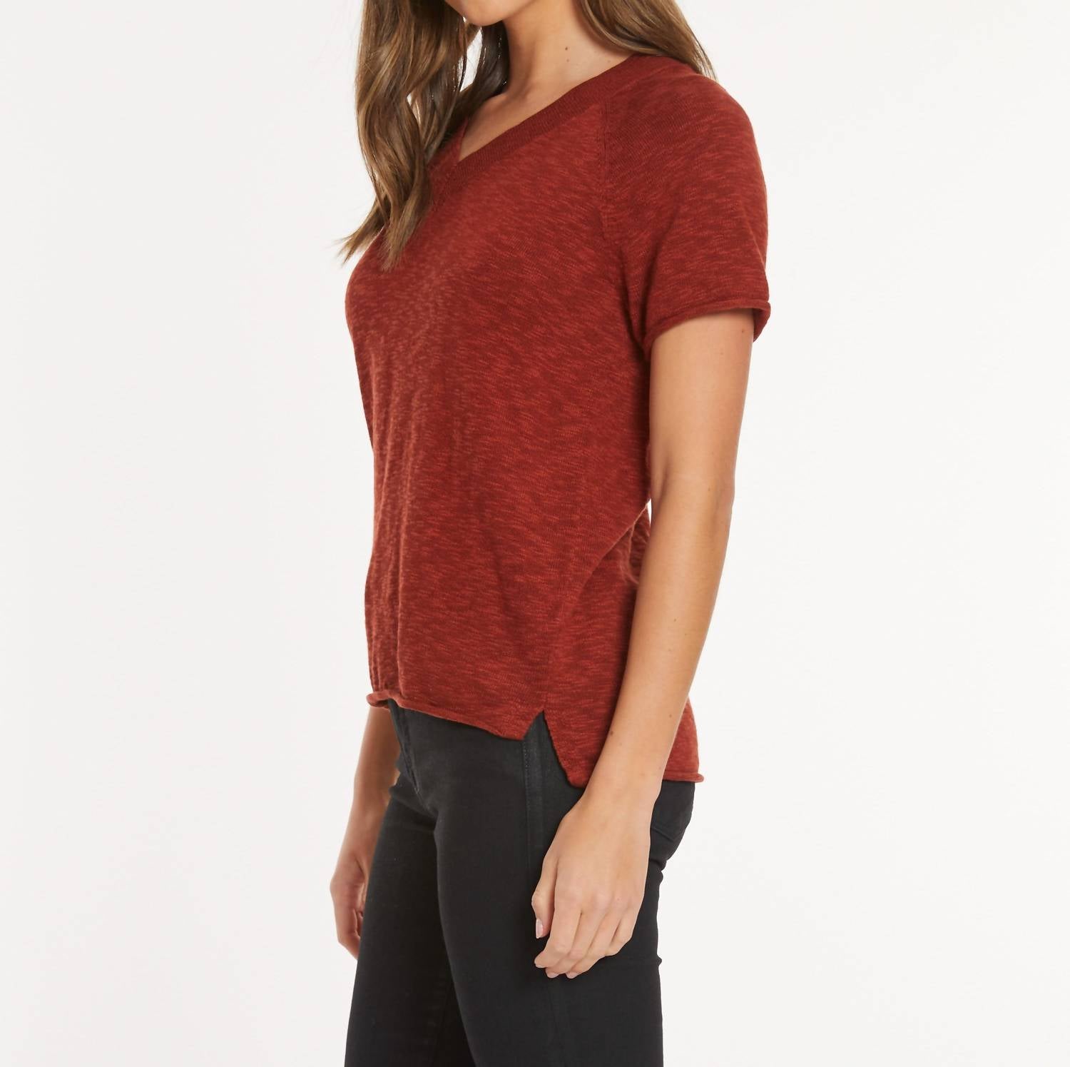 Mododoc - Short Sleeve Open V Neck Sweater