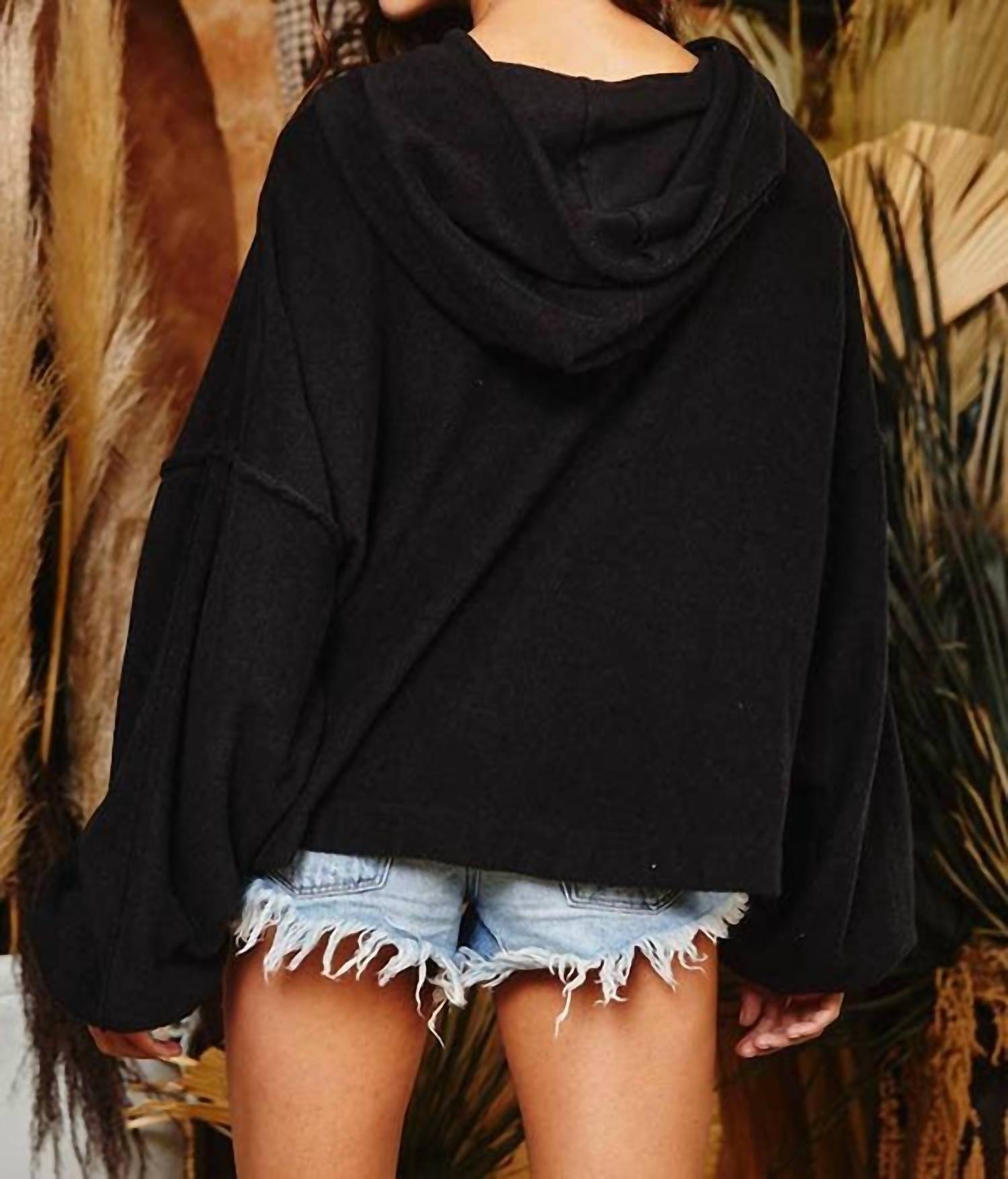 BUCKETLIST Raw Edge Details Oversize Hoodie Top in washed black - women's top - alternate view