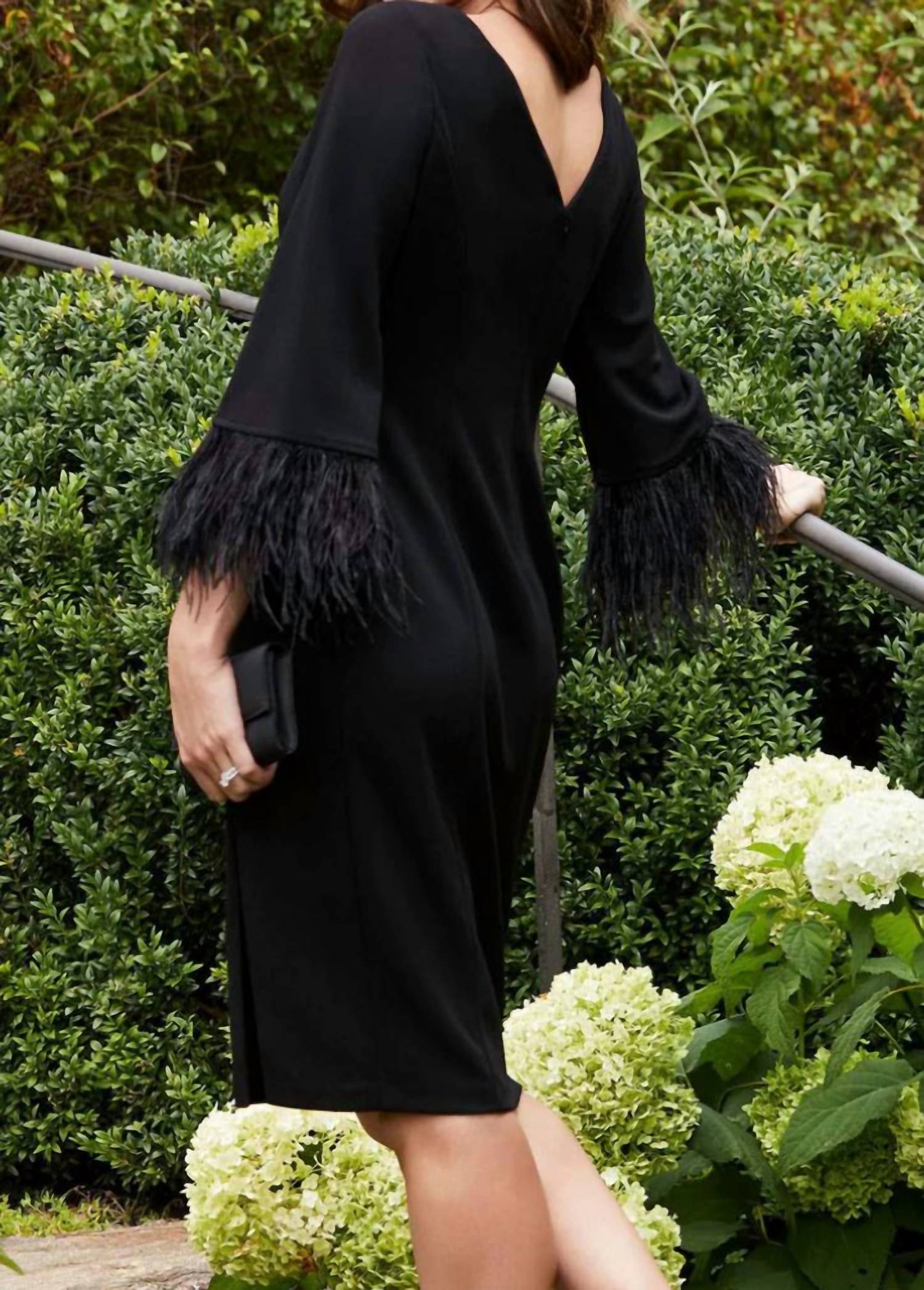 Adrianna Papell - Feather-trimmed Crepe Midi-length Sheath Dress