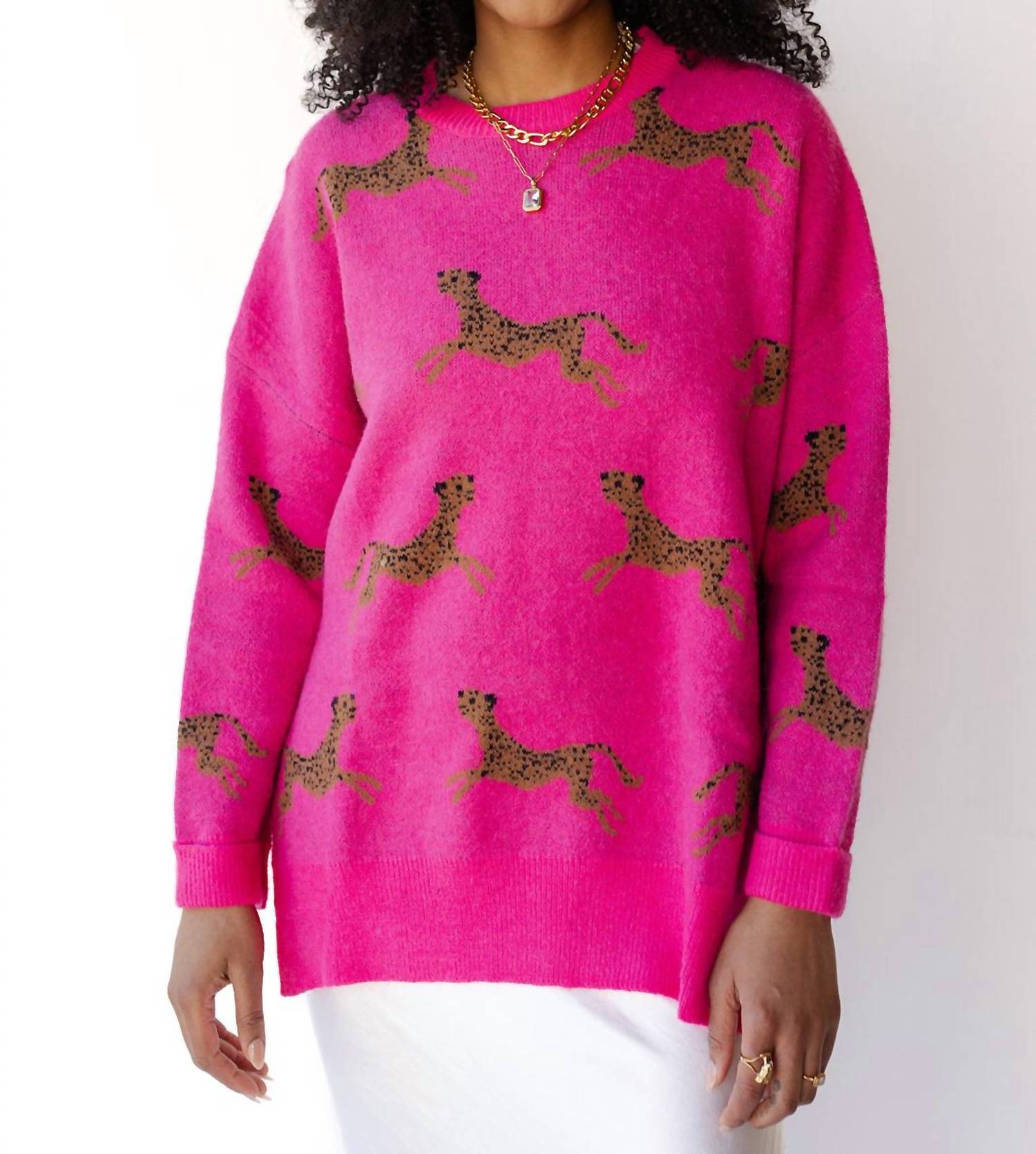 Easel - Long Sleeve Cheetah Patterned Knitted Sweater