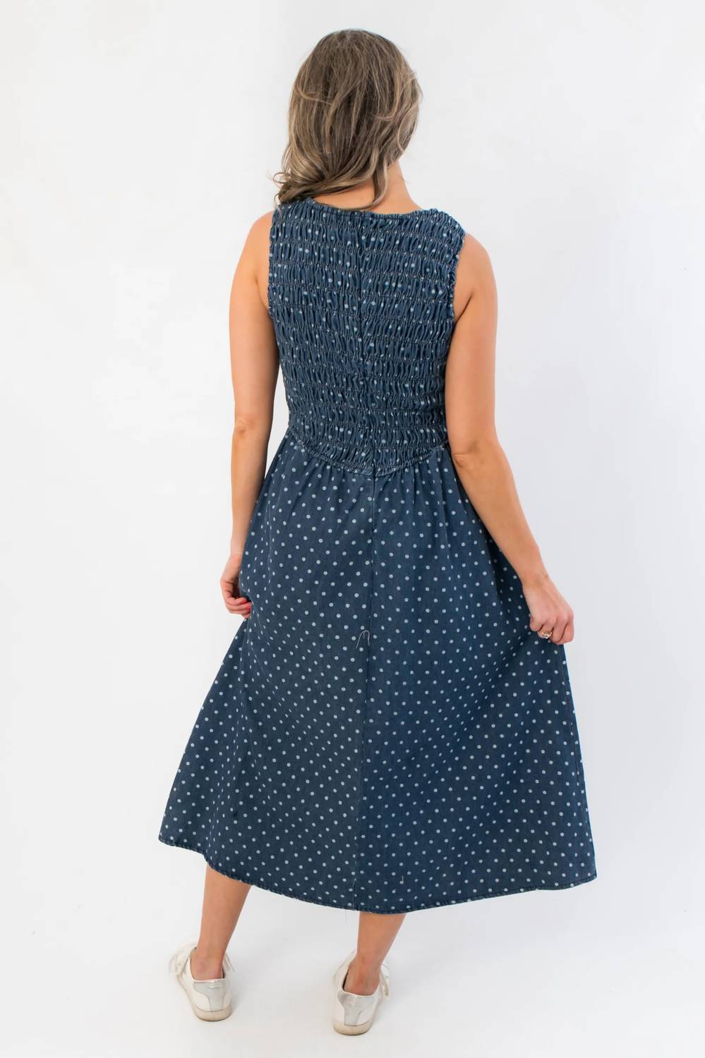 Sunday Edition - Southern Roots Denim Polka Dot Midi Dress
