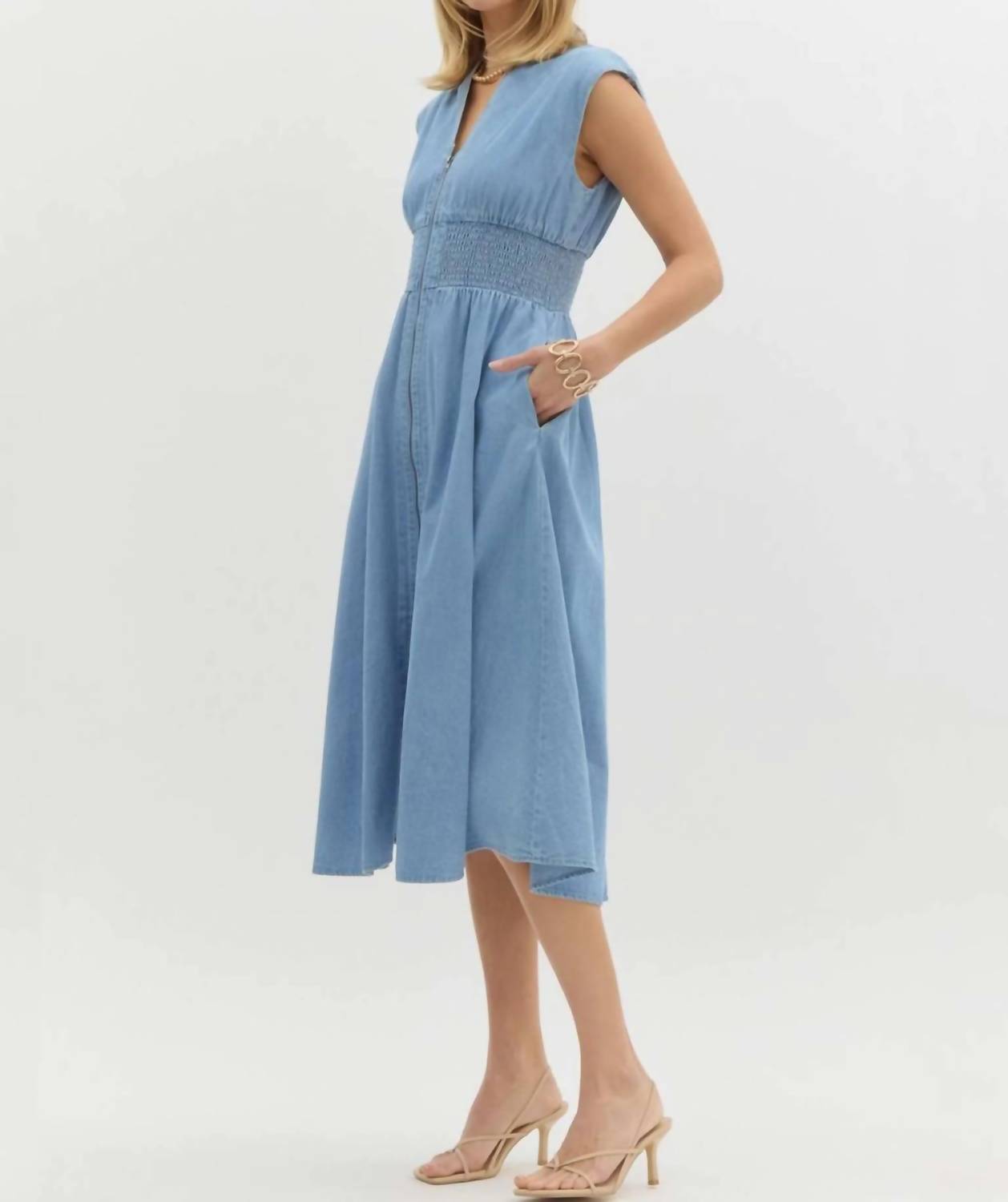 Entro - Denim Sleeveless Zip Front Midi Dress