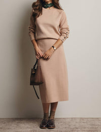 Forte - Ribbed Cuff Sweater & Midi Skirt Knit Set