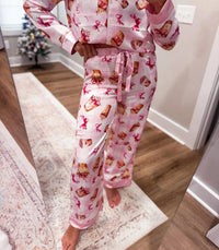Peach Love - Coffee And Bows Print Satin Pajama Pants