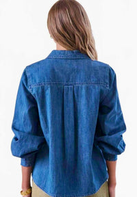 current air Women's Long Sleeve Half Button Denim Top in blue - women's blouse - detail view