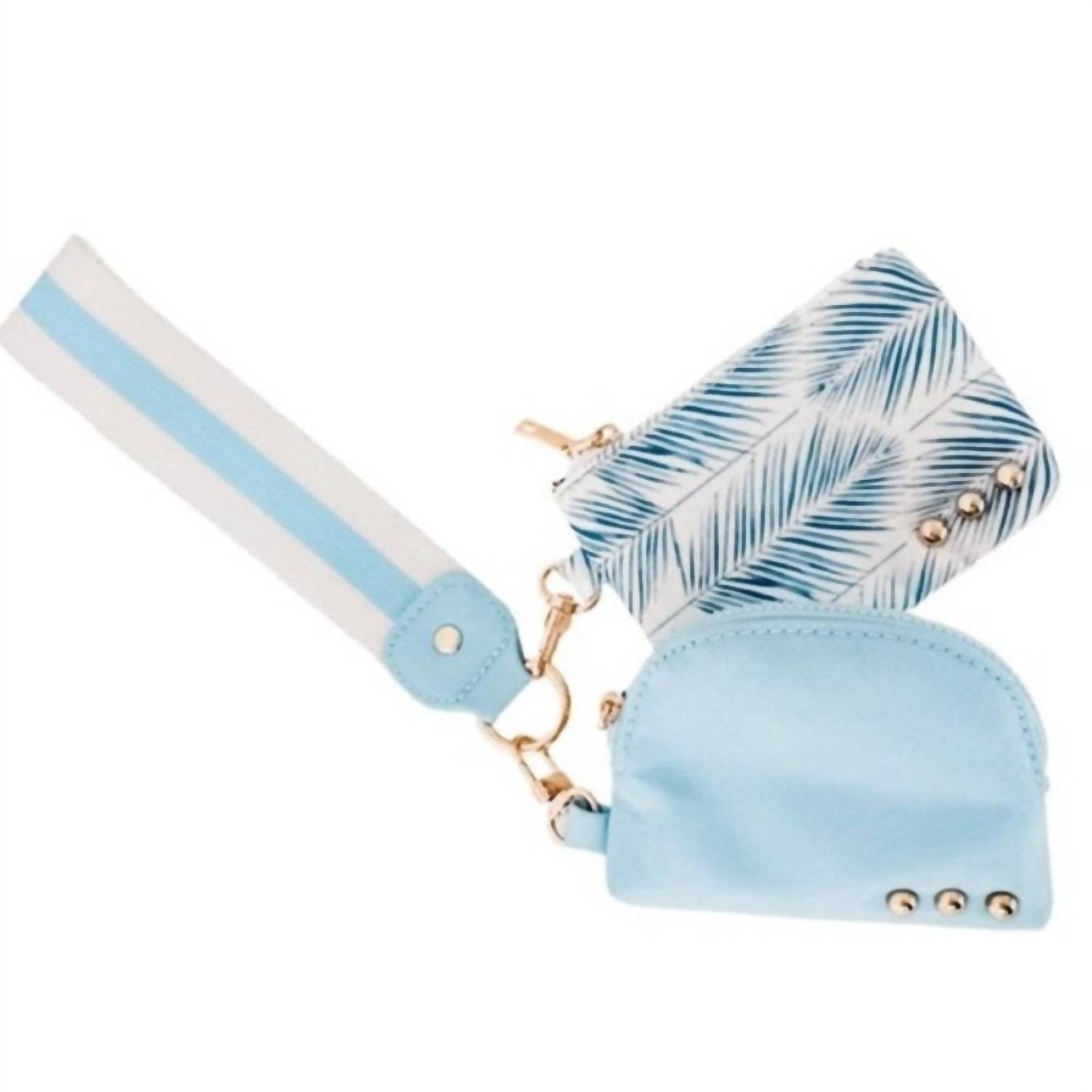 Pretty Simple Women's Dual Nylon Pouch Wristlet in sea mist blue palm branch - women's bag - detail view