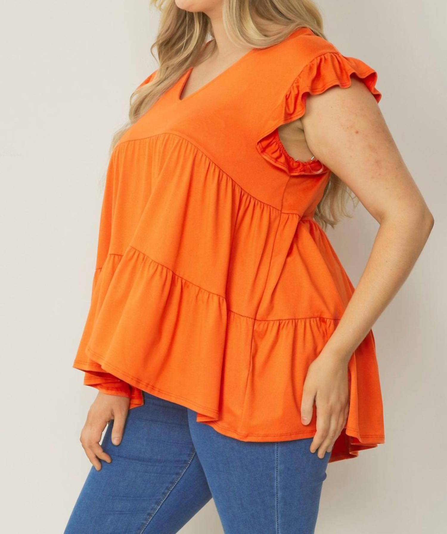 entro Tiered Ruffle Babydoll Top in orange - women's t-shirt - alternate view