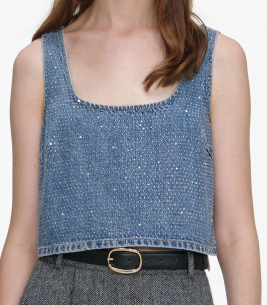 Self-Portrait - Rhinestone Denim Crop Top