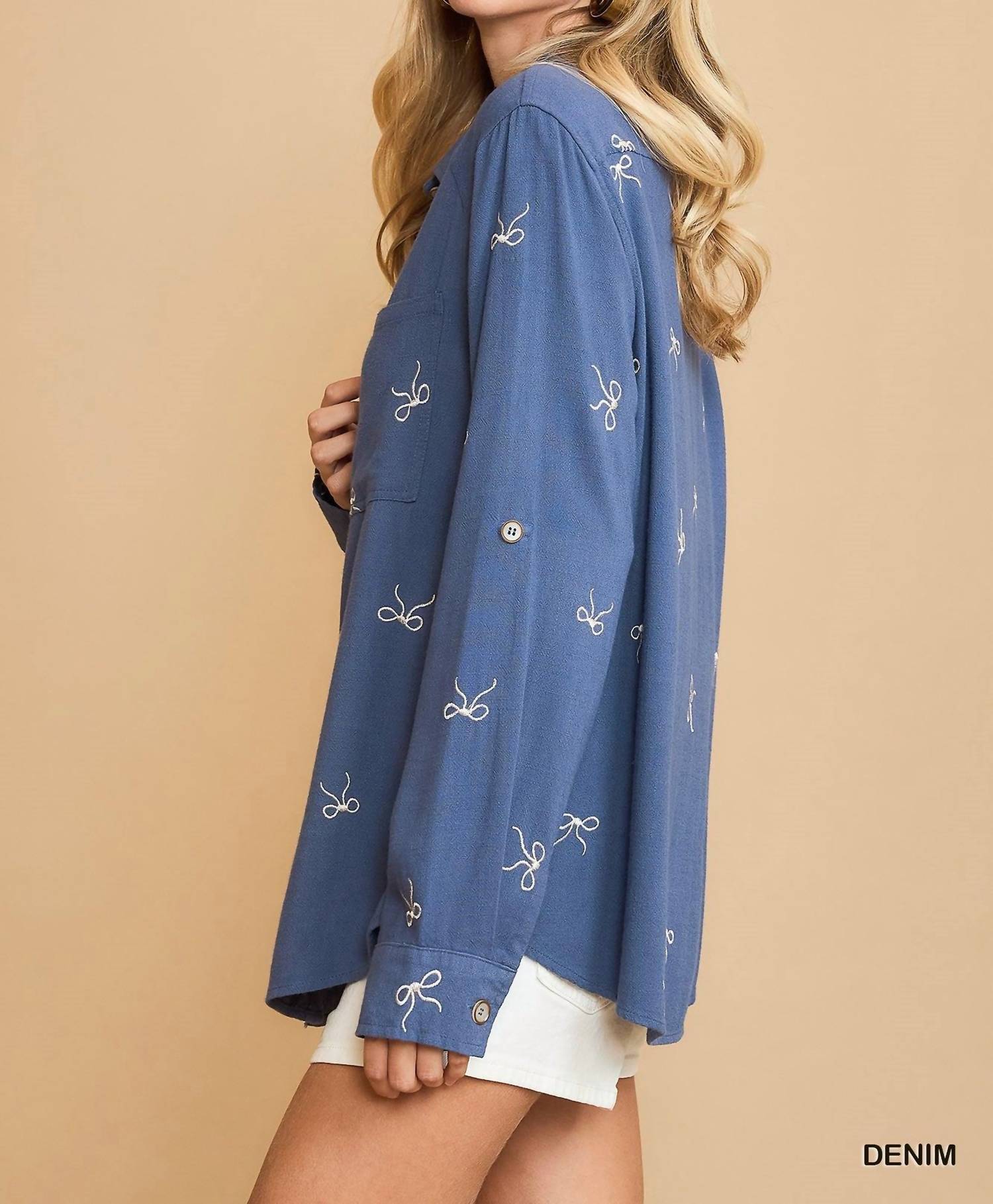 Umgee - Linen Blend Embroidered Bow Button-Down Shirt