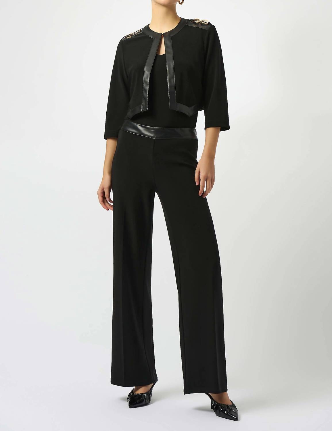 Joseph Ribkoff Silky Knit & Leatherette Cropped Jacket in black - women's jacket - alternate view