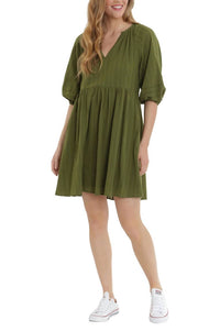 London Times - V-neck Elastic Hems Short Blouson Cotton Dress