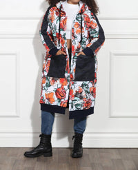 Luxe Moda Floral Hooded Coat in denim black - women's jacket - detail view