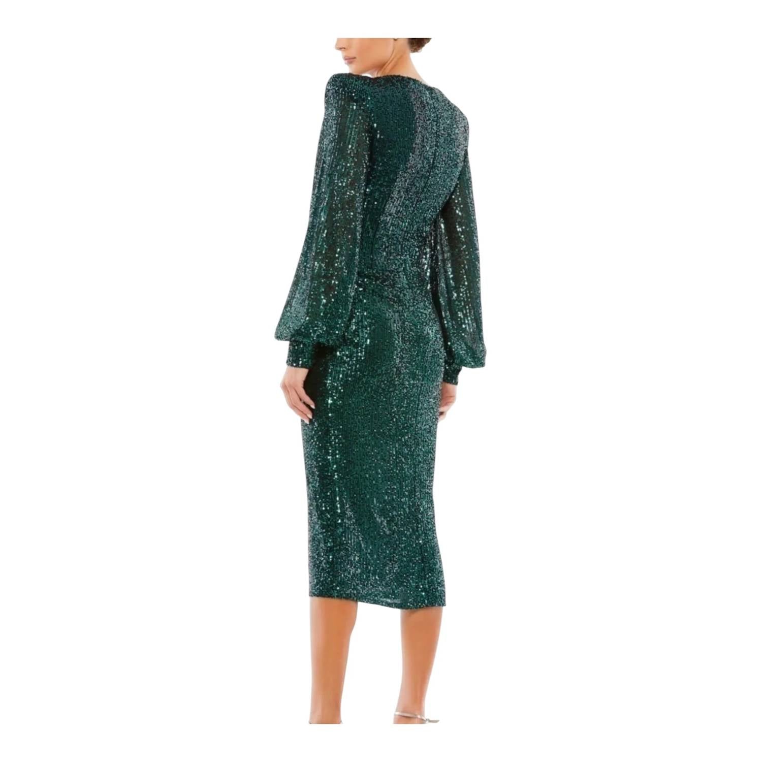 Mac Duggal - Sequin Mesh Plunge Midi Dress
