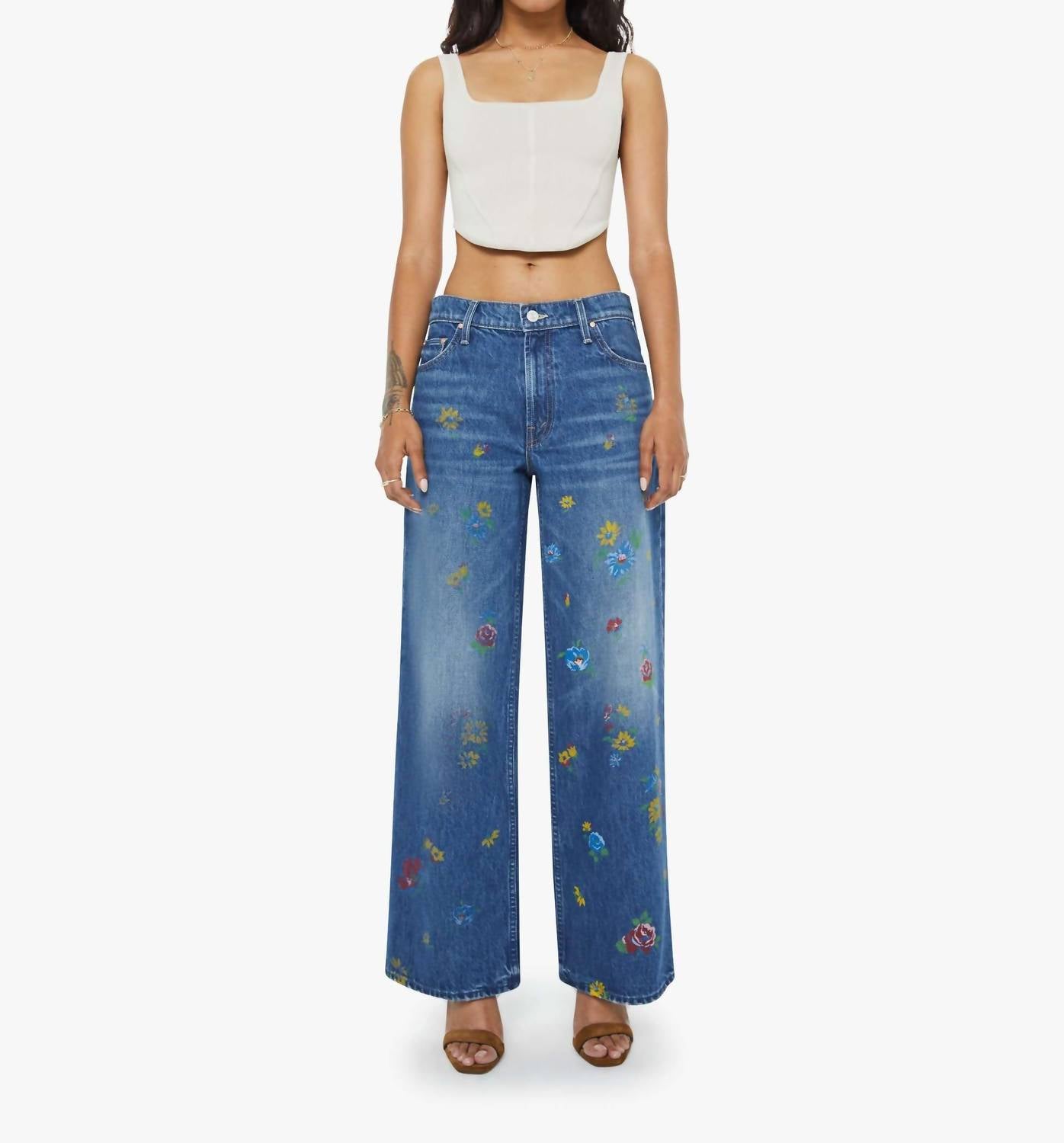 Mother Lil Rerun Zip Sneak Jeans in field of flowers - women's jeans - detail view