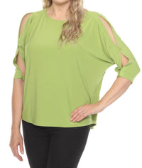 Joseph Ribkoff Boat Neck 3/4 Slit Sleeve Top in greenery - women's shirt - detail view