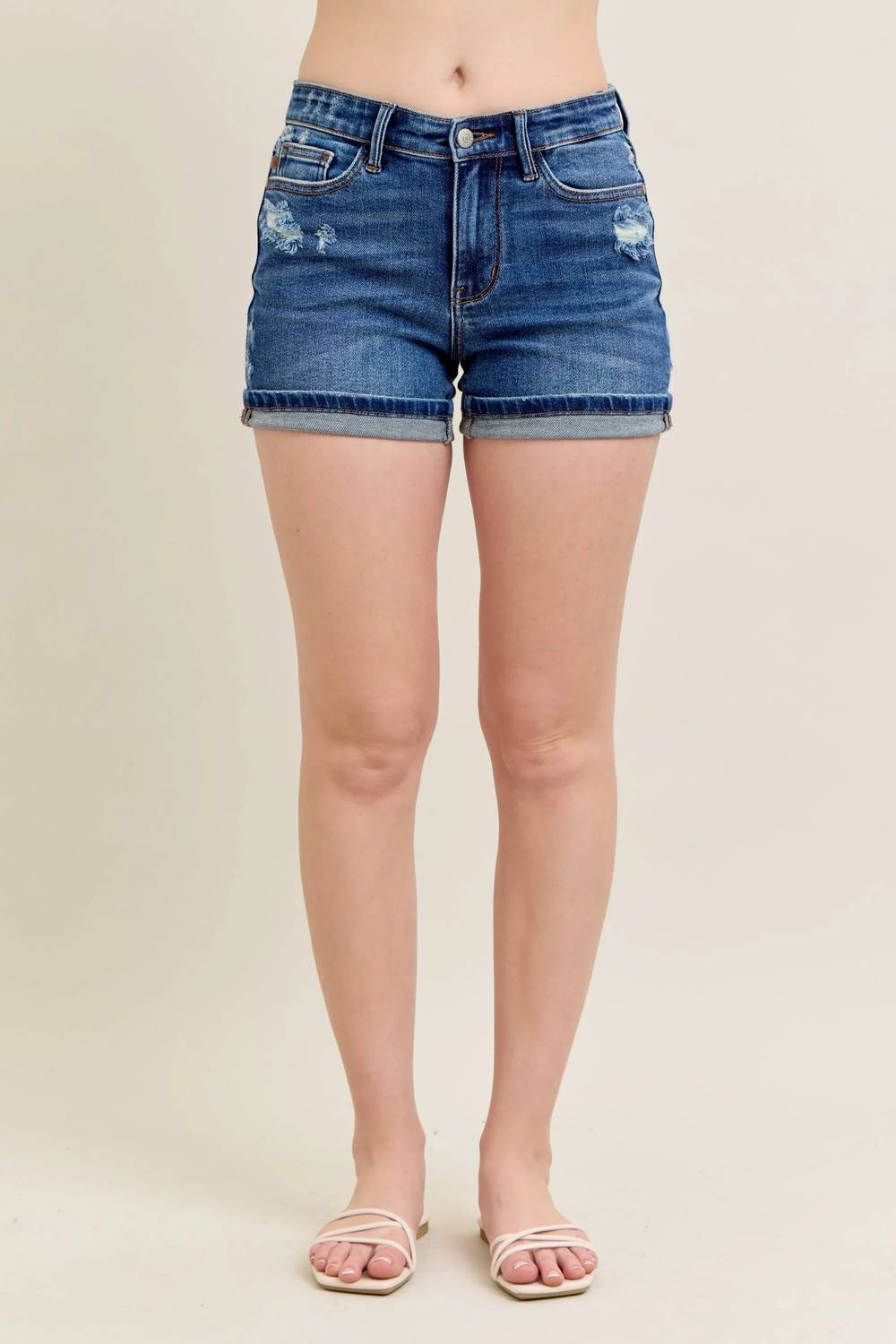 Judy Blue - Mid Rise Destroy And Cuff Dad Shorts