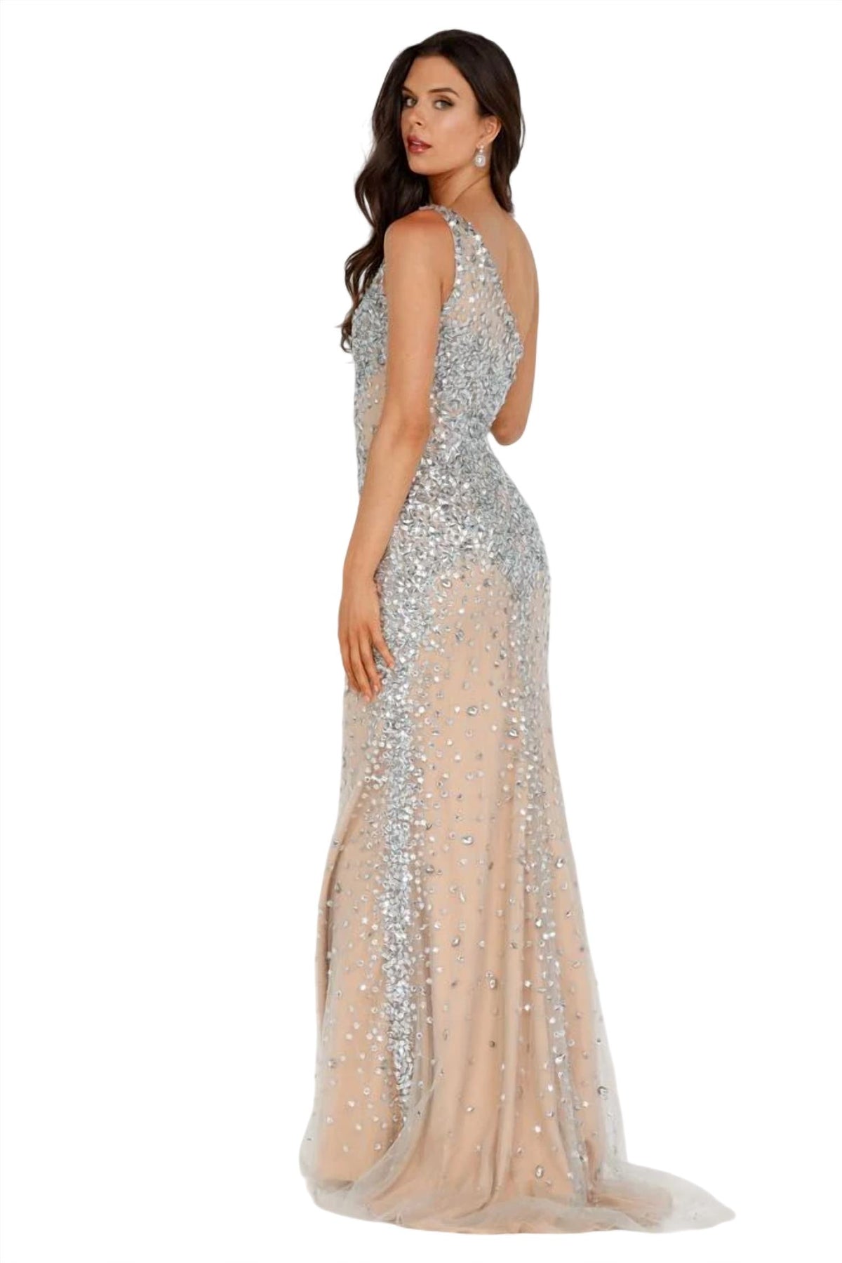 Terani Couture - Sequined One-shoulder High-slit Evening Dress