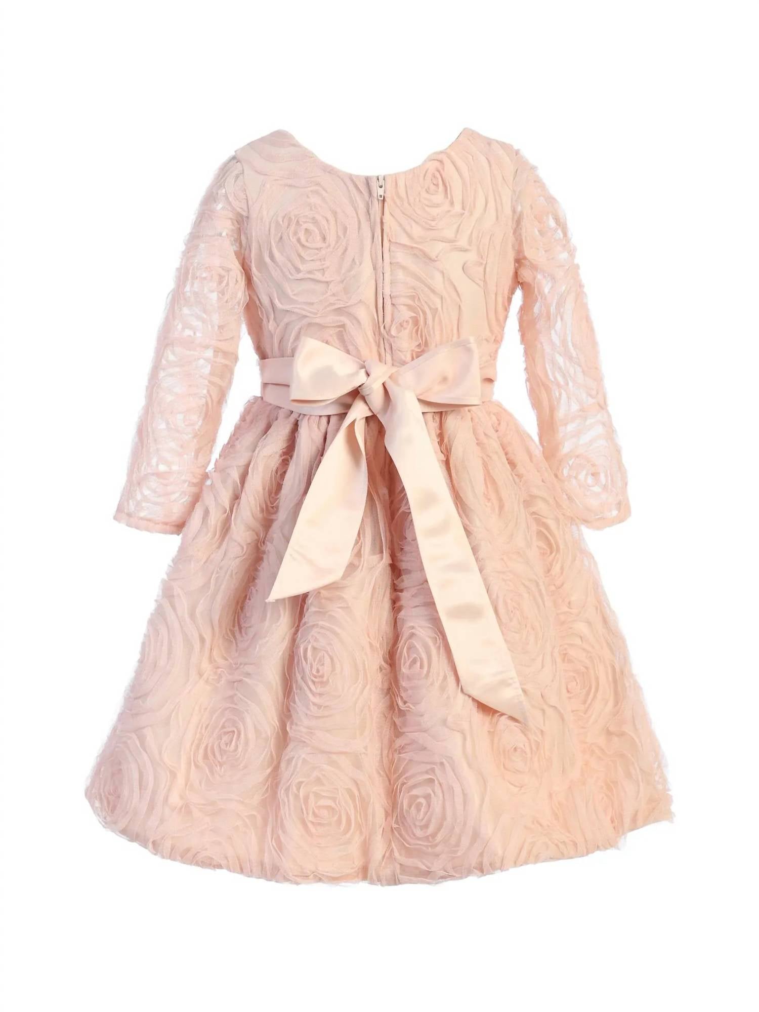 Sweet Kids - Three Quarter Sleeve Rosette Mesh Satin Dress