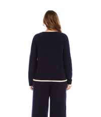 Karen Kane Contrast Crewneck Sweater - Plus in navy with cream - women's sweater - detail view