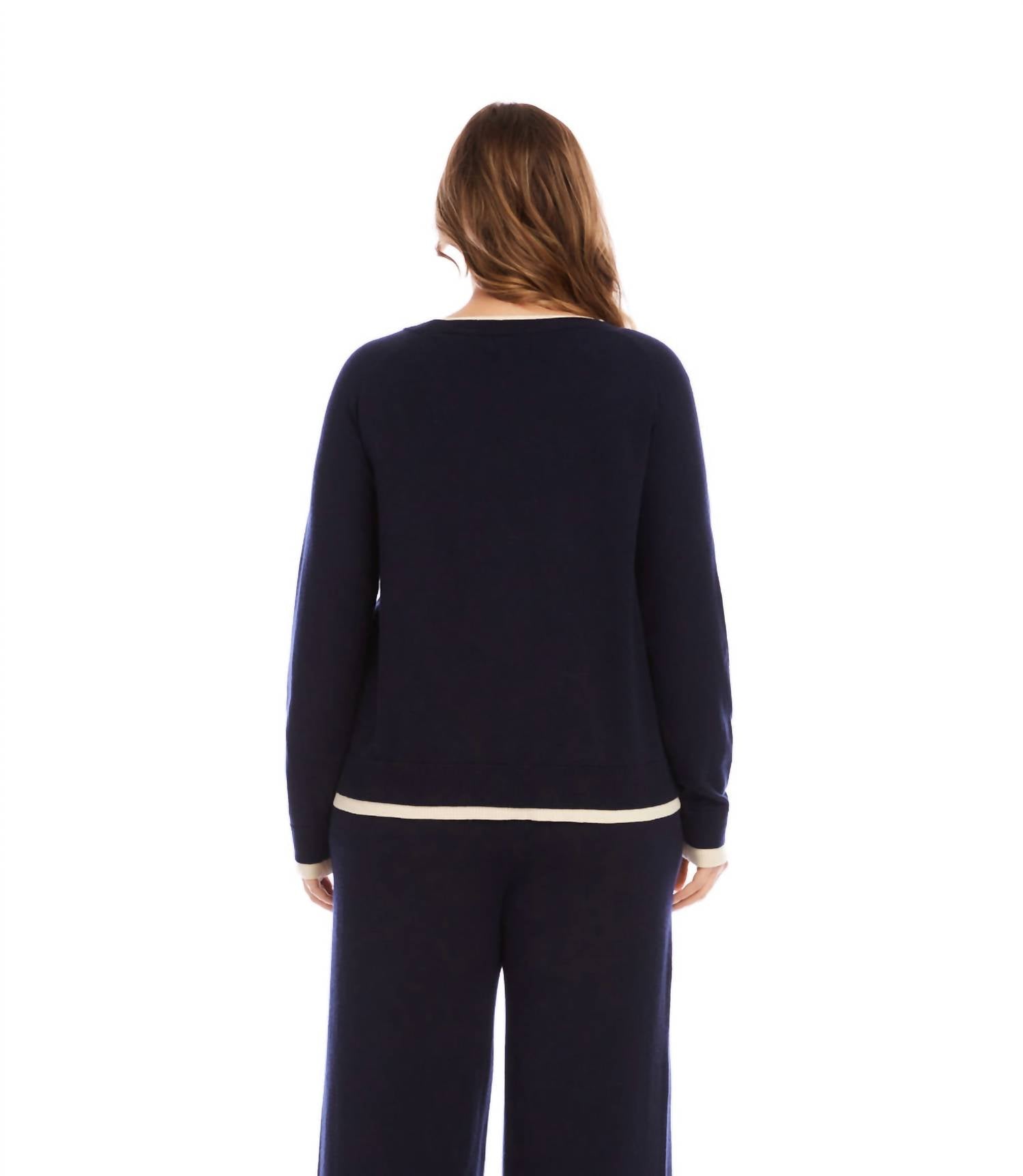 Karen Kane Contrast Crewneck Sweater - Plus in navy with cream - women's sweater - detail view