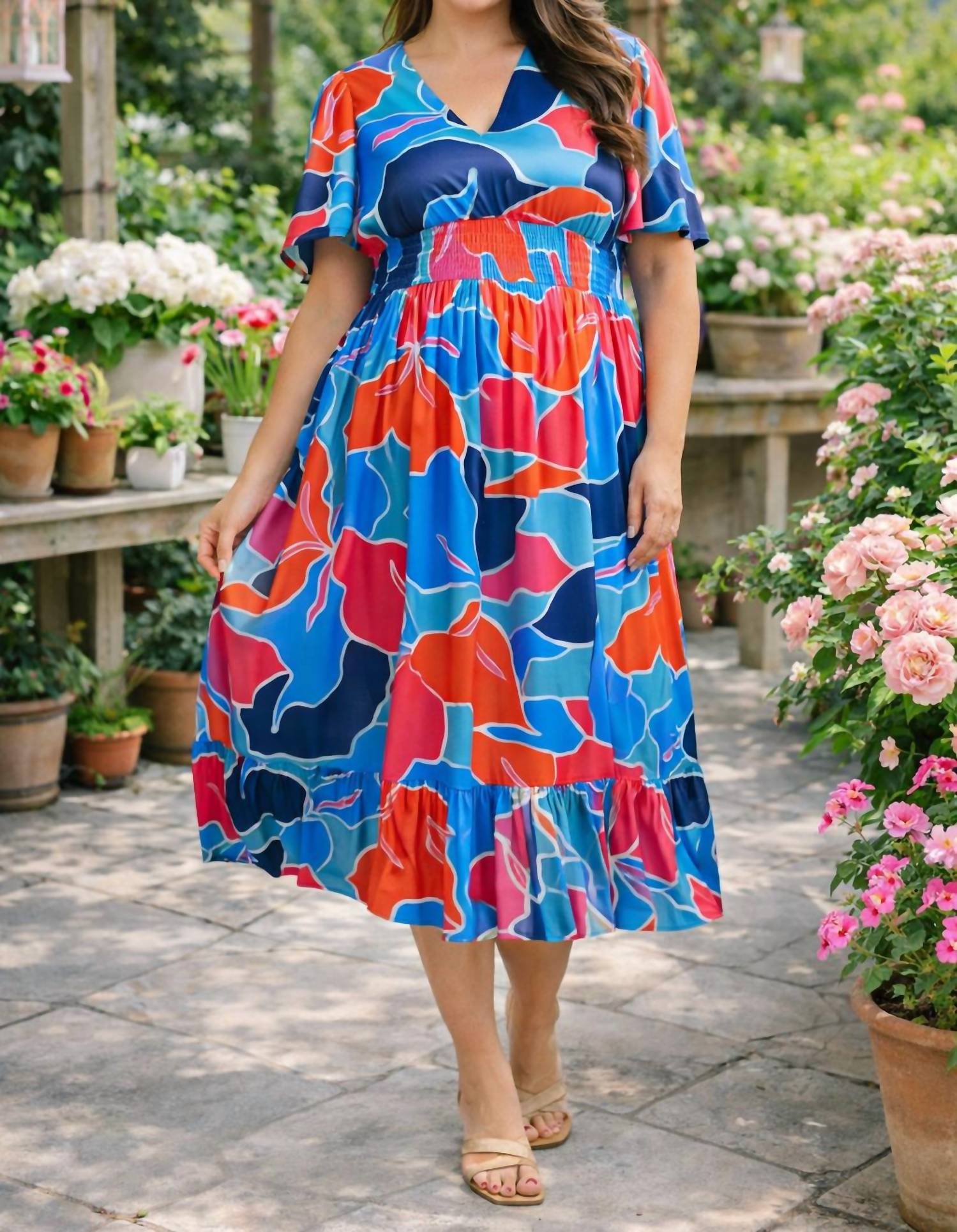 Doe and Rae Coral Bay Garden Midi Dress - Plus in blue orange - women's dress