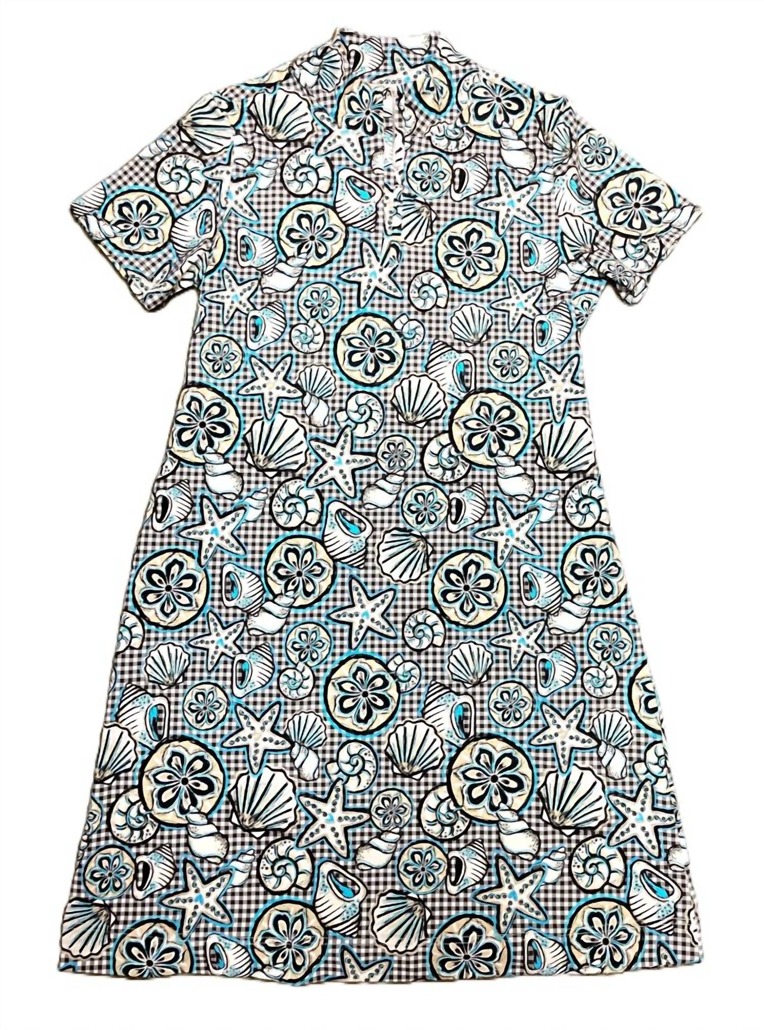 Lulu-B - Women's Short Sleeve Zip Top Dress Checkered Seashells & Starfish