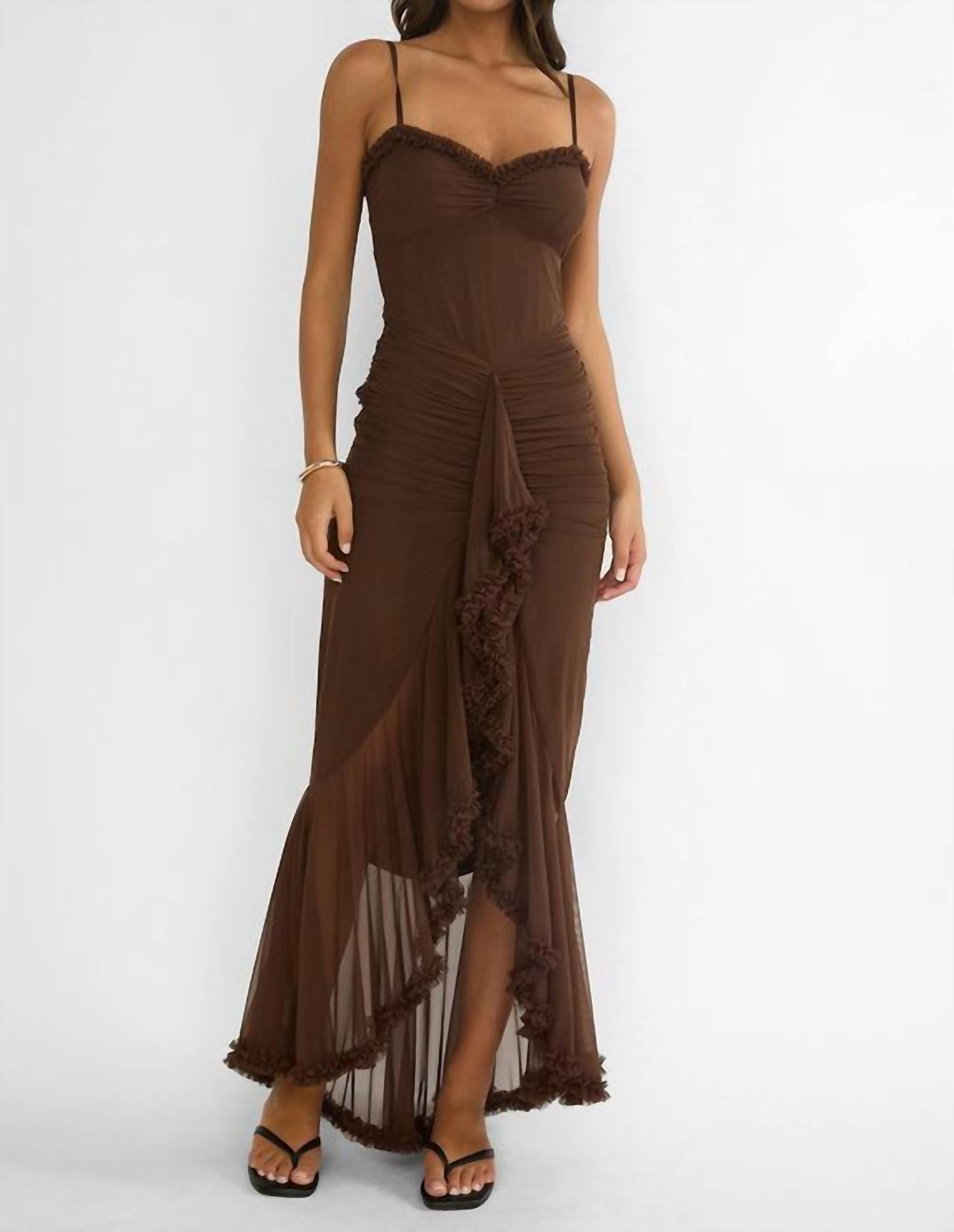 Blue Blush - Gathered Waist Frill Trim Maxi Dress