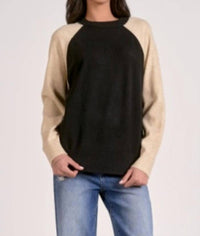 ELAN Raglan Colorblock Crew Sweater in black - women's sweater