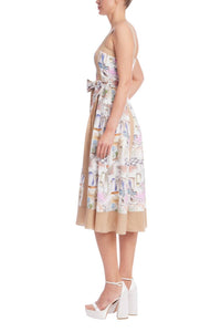 Badgley Mischka - Watercolor Cityscape Bow Tie Waist Midi Dress