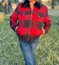 Wrangler Buffalo Plaid Bomber Jacket in black red - women's jacket - detail view