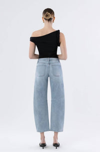 VERVET BY FLYING MONKEY High Rise Patch Pocket Barrel Jeans in blue - women's jeans - detail view