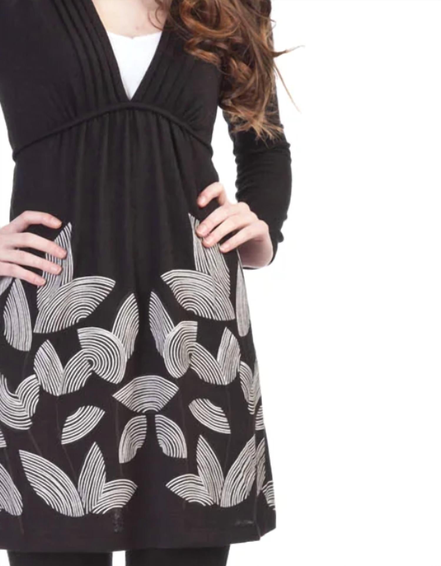 Papillon - Long Sleeve Pleat Front Border Print Dress
