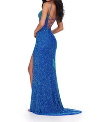 ASHLEYlauren Fully Beaded Corset Bustier Gown in royal turquoise - women's dress - detail view