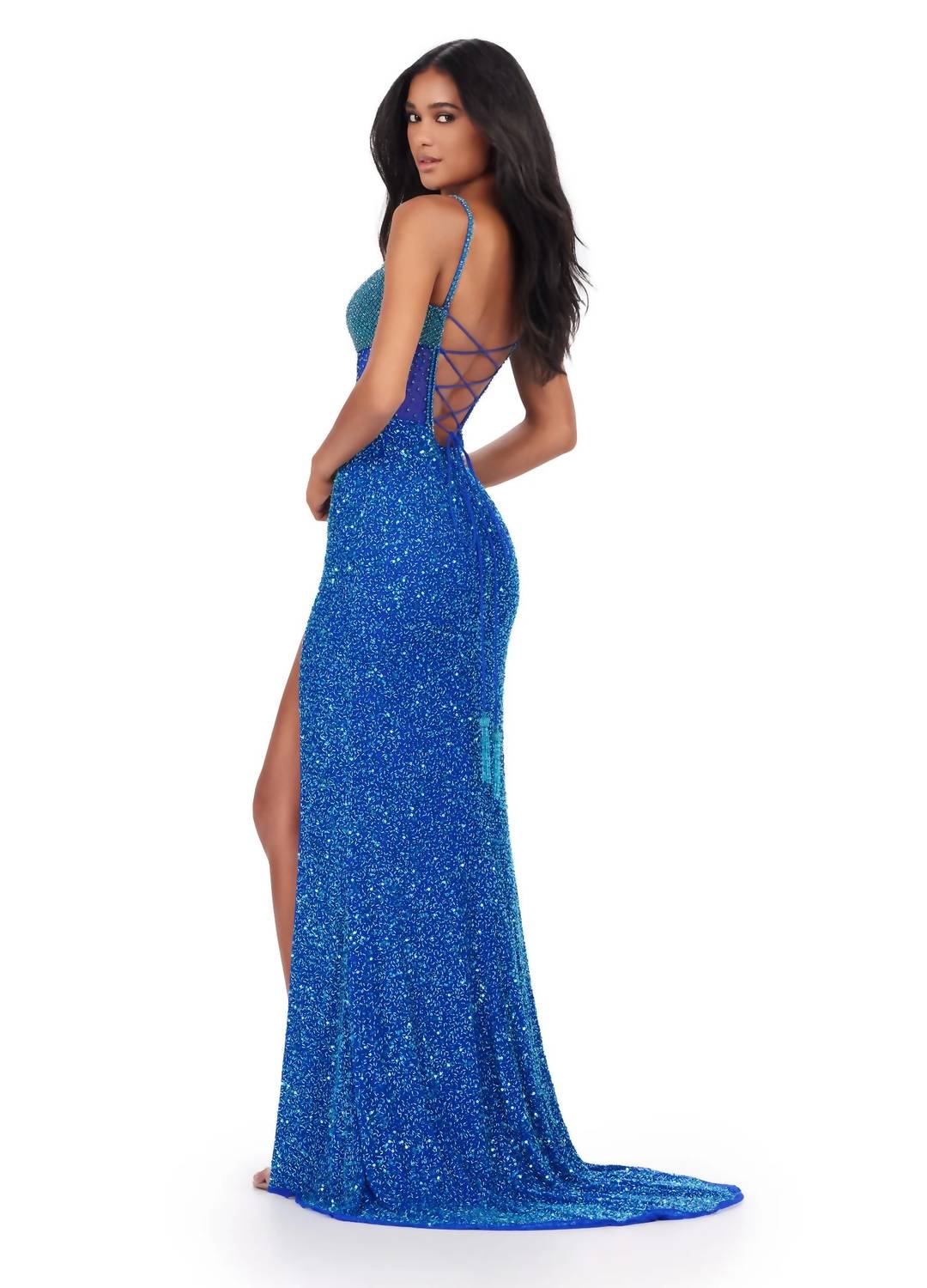 ASHLEYlauren Fully Beaded Corset Bustier Gown in royal turquoise - women's dress - alternate view