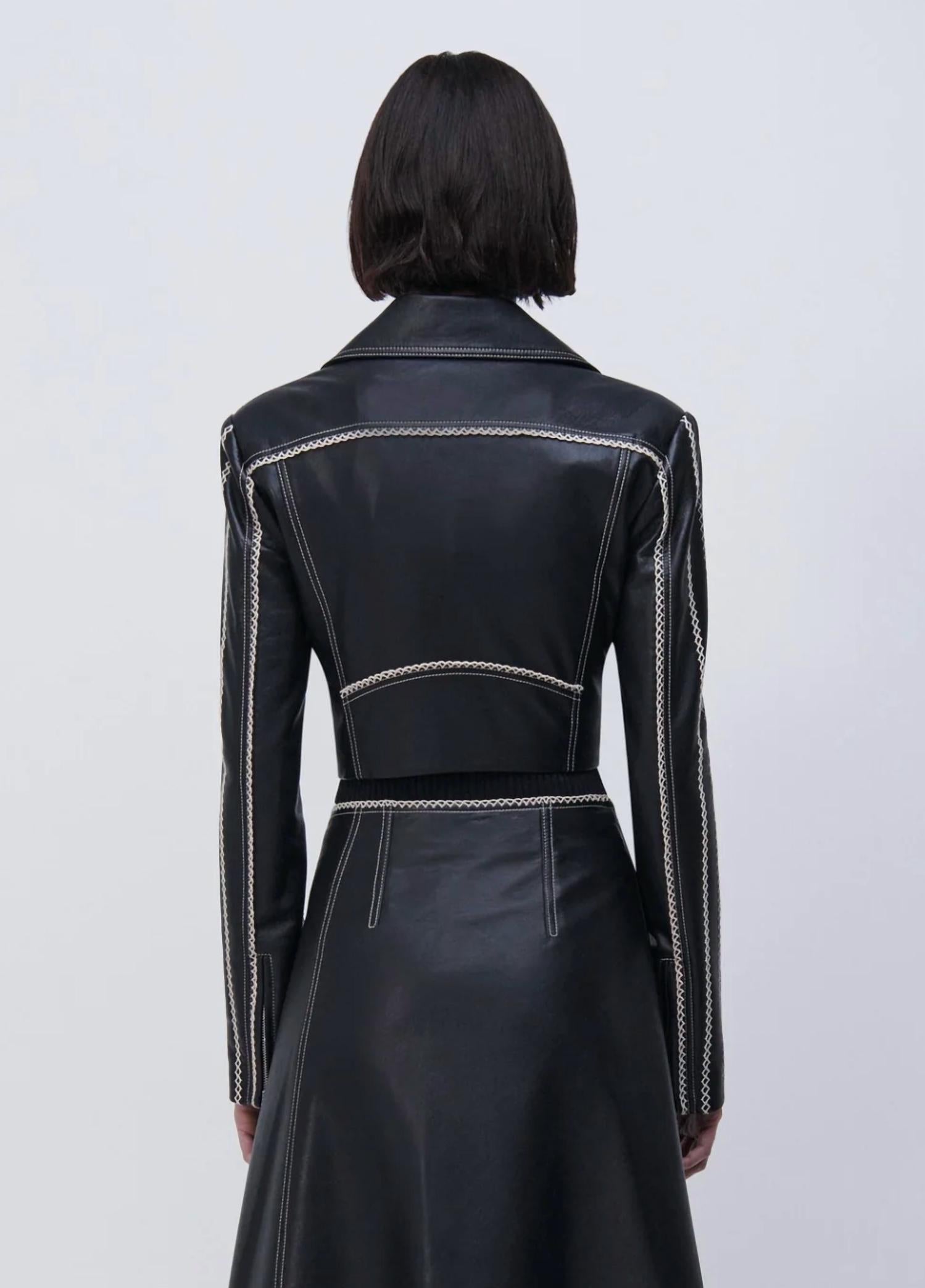 SIMKHAI Oslo Cropped Embroidered Biker Jacket in black - women's jacket - detail view