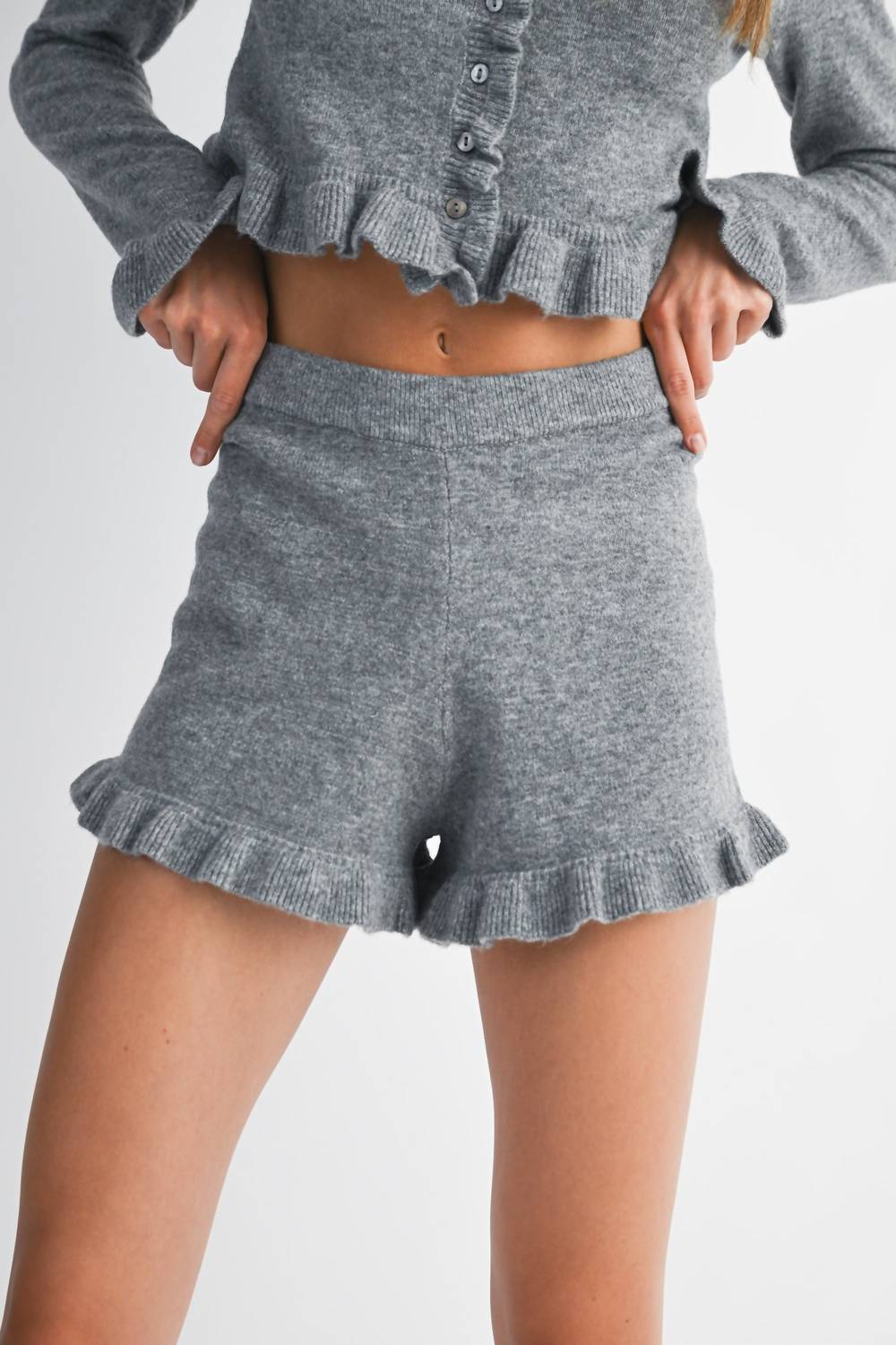 Mable - Ruffle Cardigan Top Matching Ruffle Shorts Set