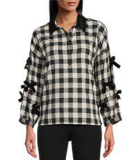 JOHN MARK Plaid Velvet Bow Poin Sleeve Button Front Shirt in black white - women's long sleeve top