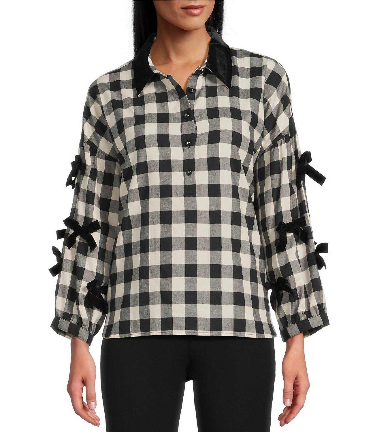 JOHN MARK Plaid Velvet Bow Poin Sleeve Button Front Shirt in black white - women's long sleeve top