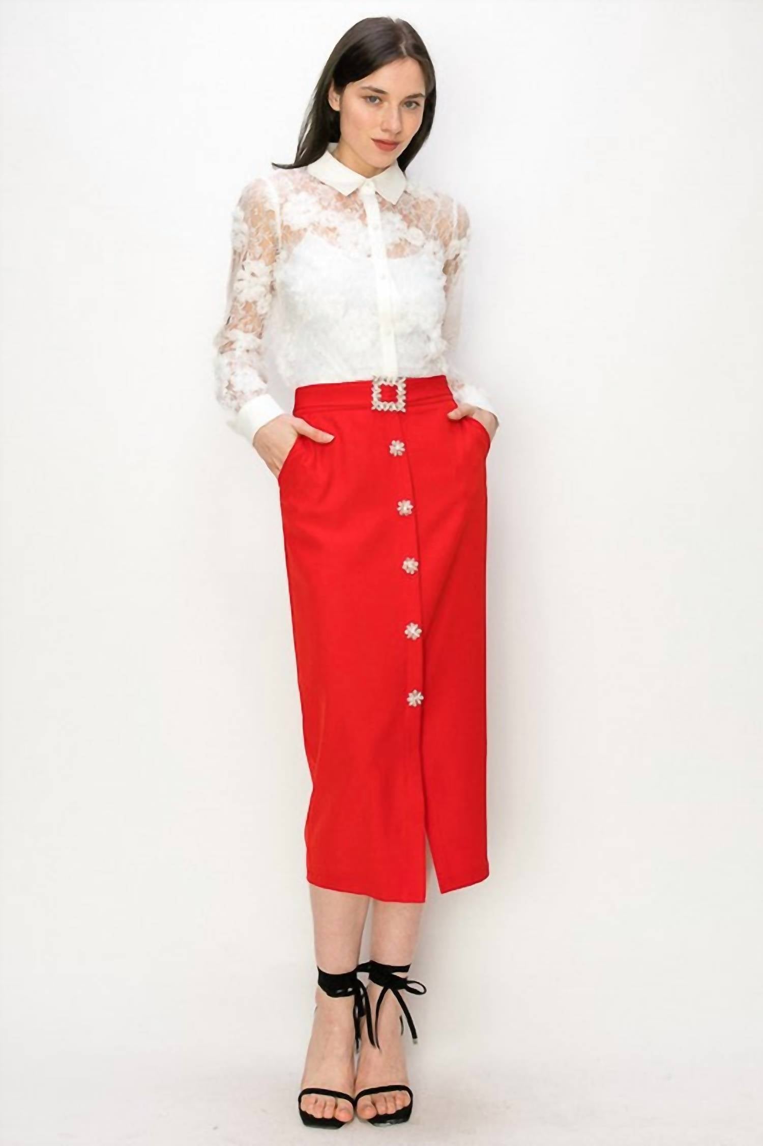 Ina Fashion - Long Sleeve 3d Floral Lace Button Front Blouse