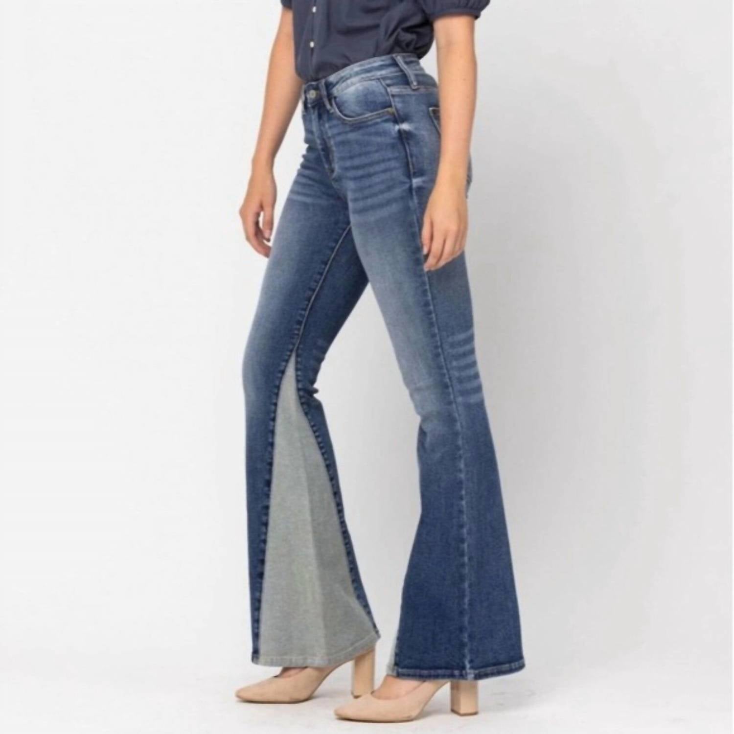 Judy Blue Mid Rise Inseam Panel Flare Jeans in blue - women's jeans - view 5