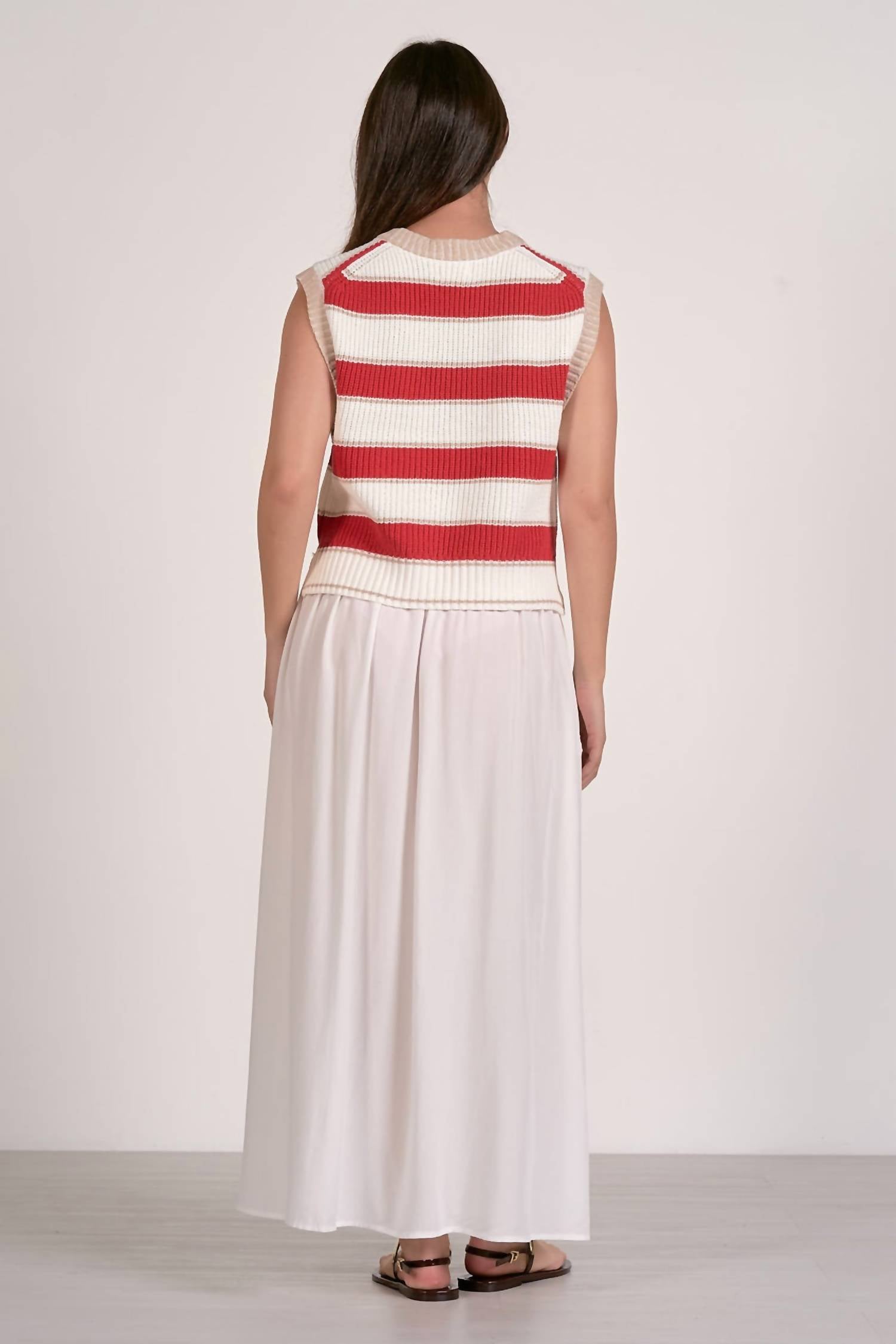 ELAN V Neck Sleeveless Sweater in red wht - women's sweater - detail view