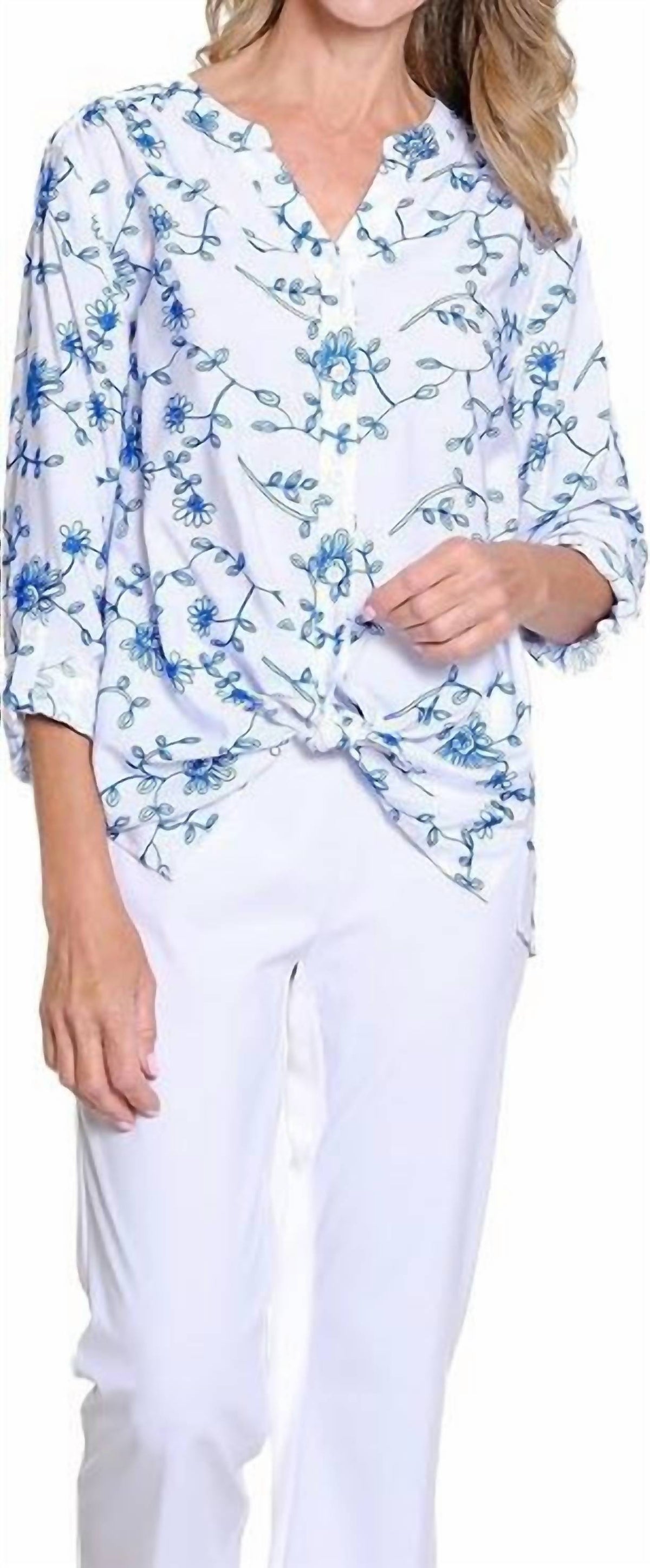 Multiples - Embroidered Tie Front Blouse