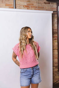 DELUC Women's Pistacchio Knit Vest in fuchsia - women's jacket - detail view