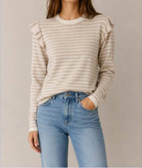 Minnie Rose - Striped Crew Sweater with Ruffle
