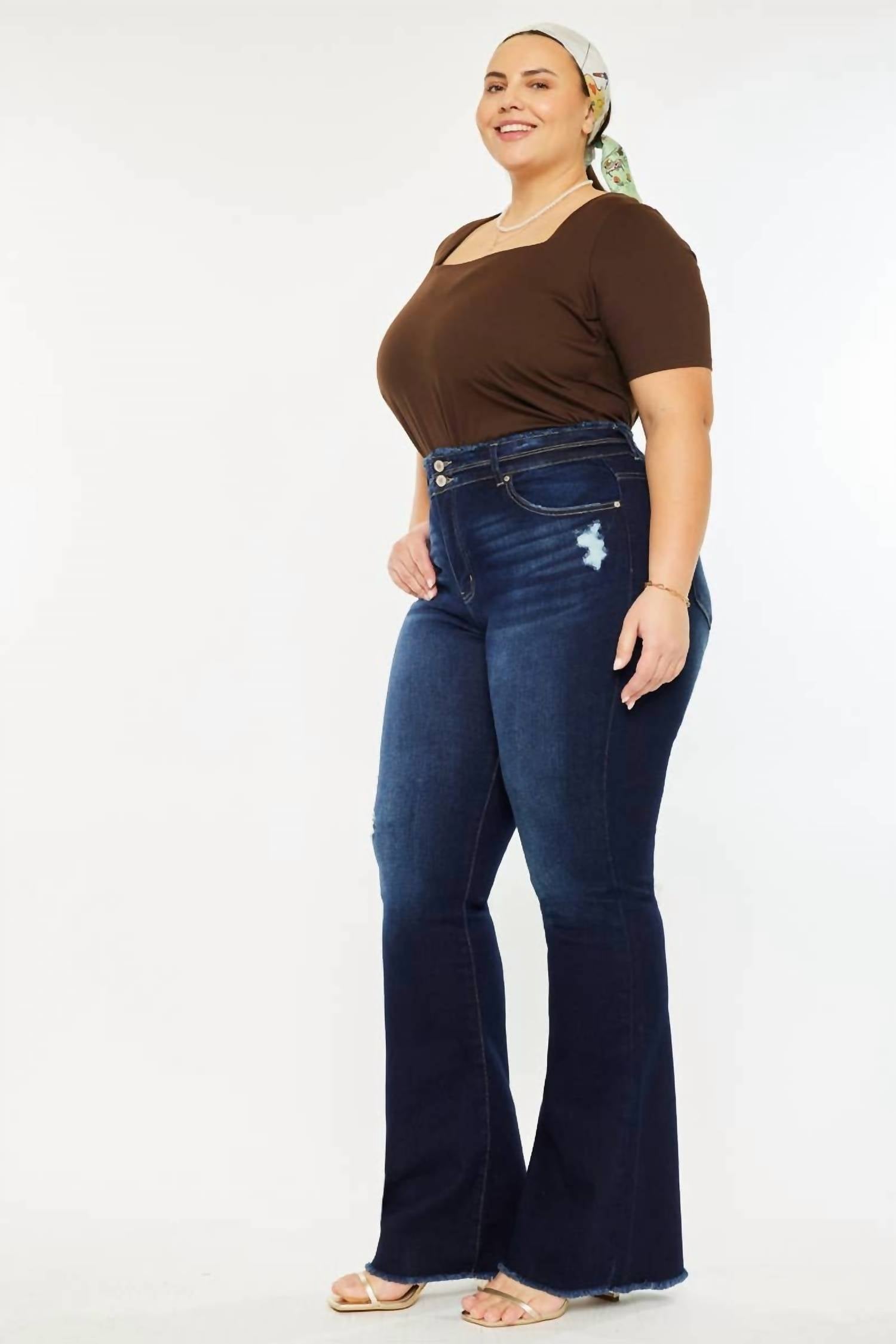 Kancan - High Rise Double Waist Band Detail Fray Hem Flare Jeans- Plus