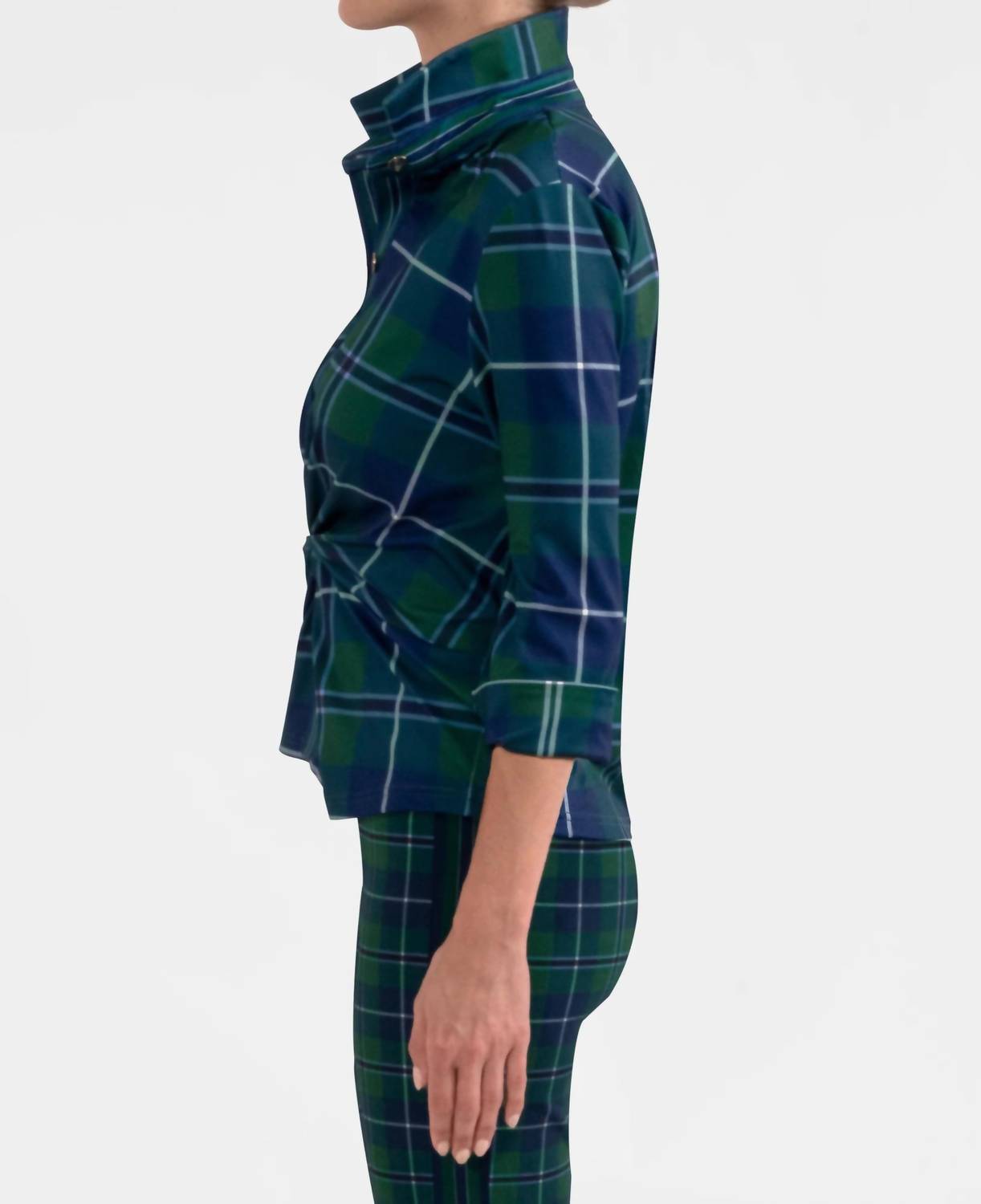 GRETCHEN SCOTT Twist And Shout Melville Tartan Top in green multi - women's blouse - detail view