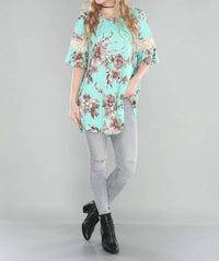 Crepas - Floral Bell Sleeve Tunic With Croche