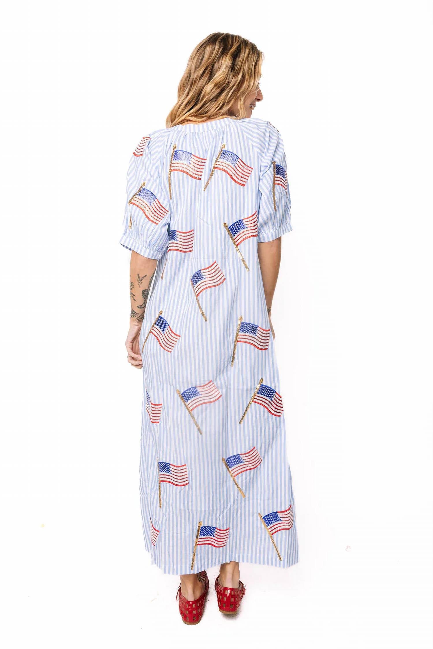 Queen Of Sparkles - American Flag Cotton Button Up Midi Dress